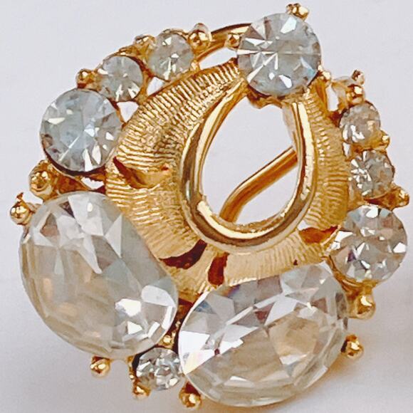 VTG Mid Century Clip On Earrings Gold Tone Rhinestone 1950s Cocktail Jewelry - Picture 2 of 11